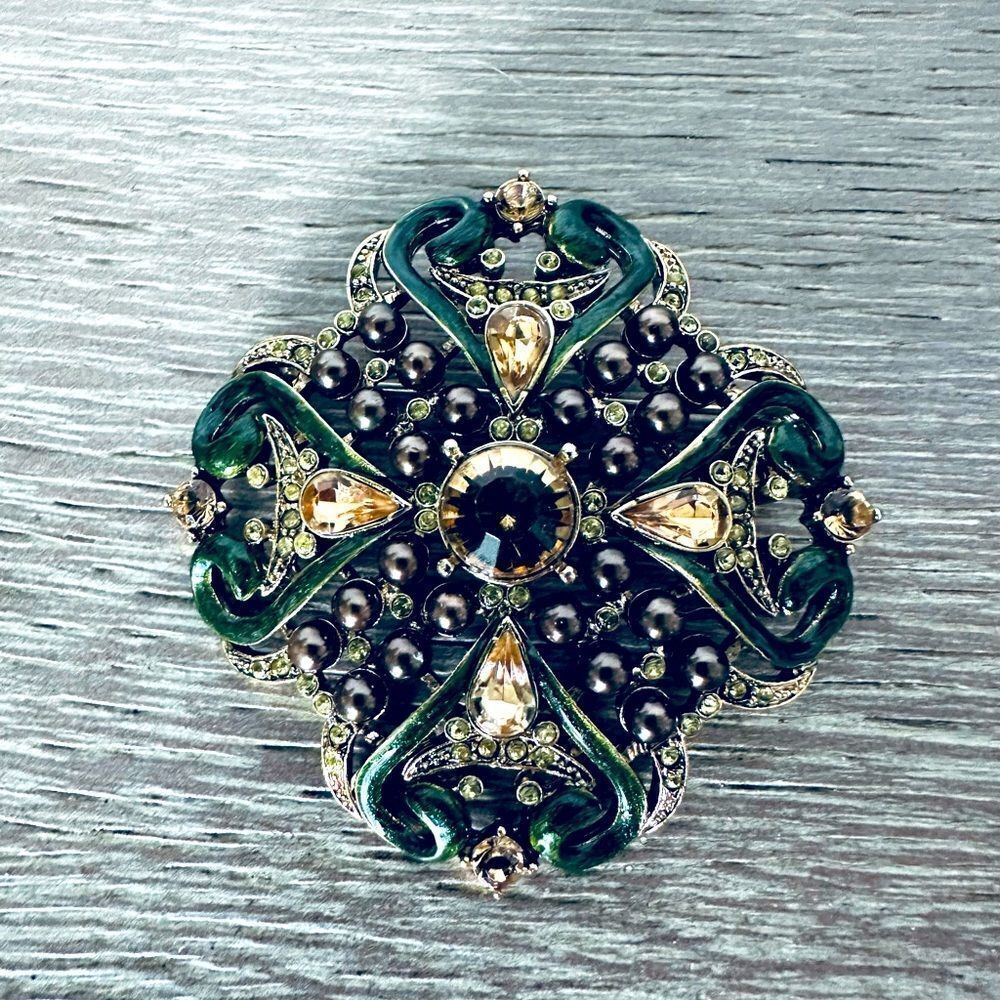 Vintage Bronze Golden Yellow Crystal Brooch Pin